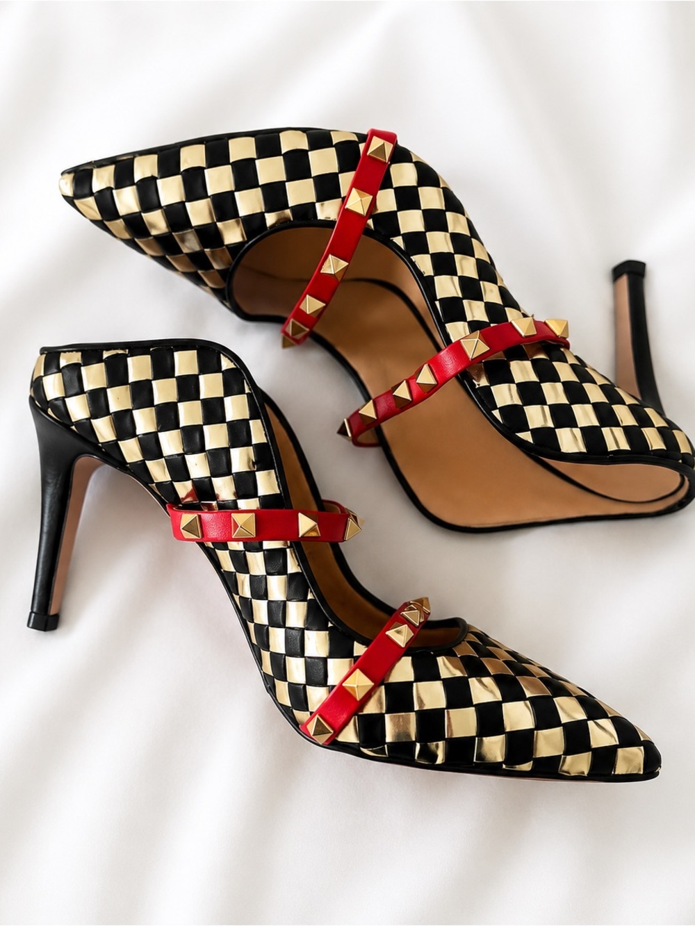 Elegant Black and Gold Checkered Heels with Red Accents